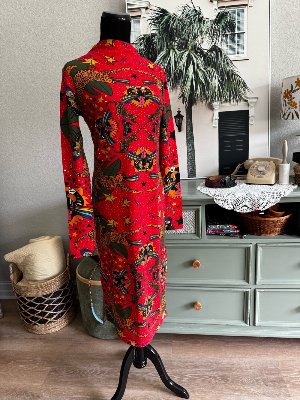 Nooworks Red Tiger Pride Printed Long-Sleeve Midi Dress VERY RARE